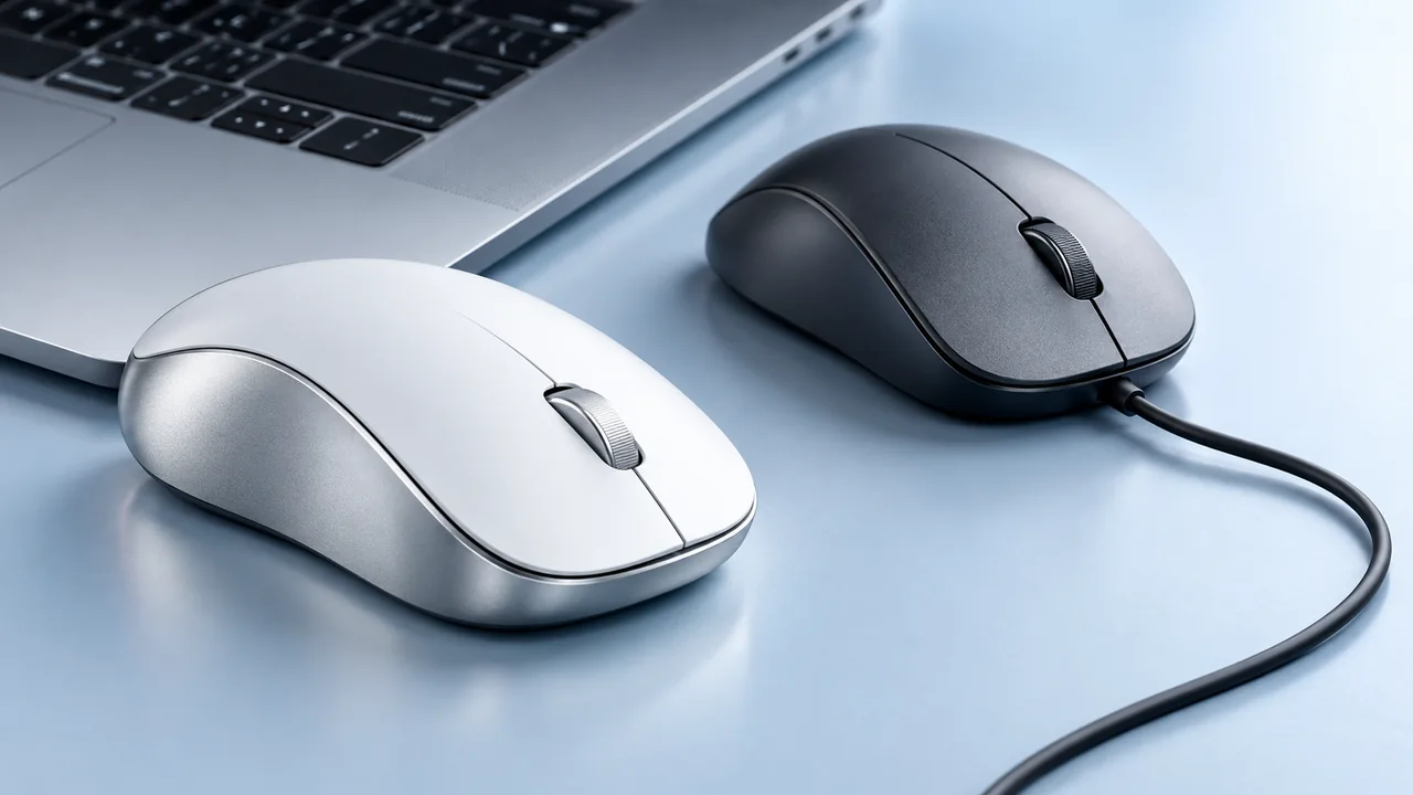 Two contrasting computer mice beside a silver laptop keyboard.