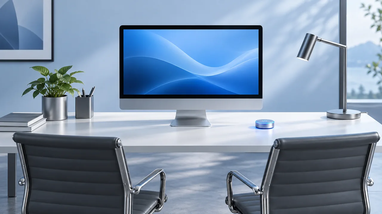 Two chairs at a shared desk with a single silver display and a session switch.
