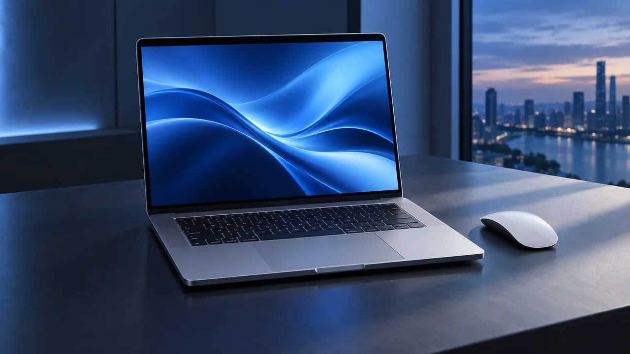 An open laptop with a bright blue display on a quiet desk at dusk.