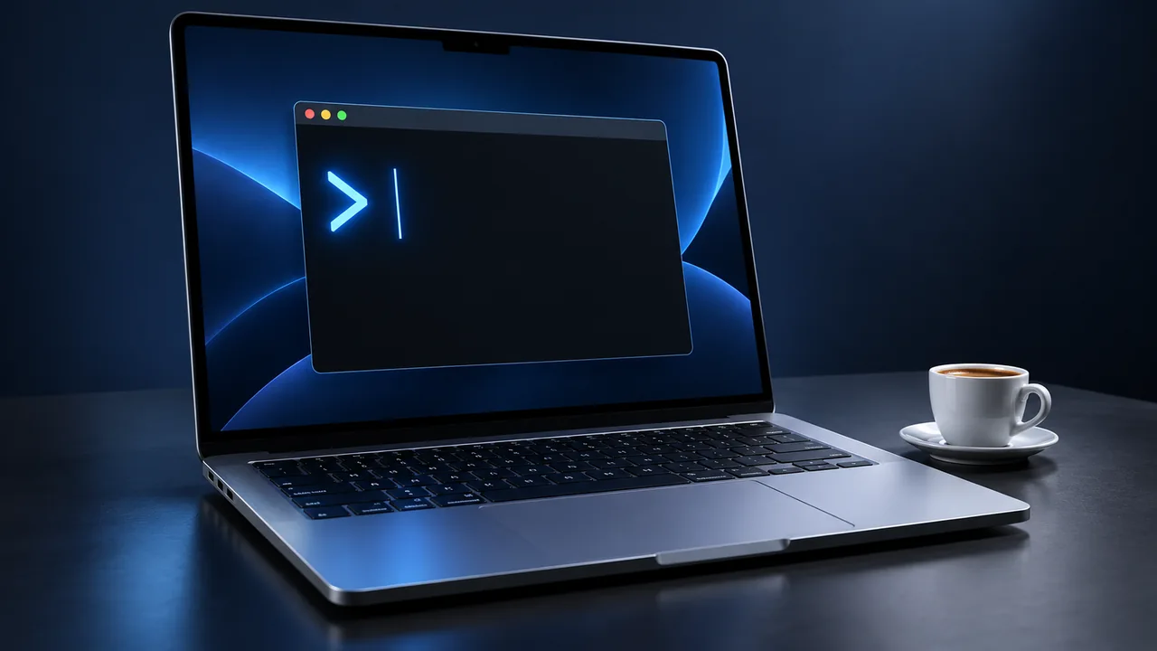 A silver laptop with a glowing command prompt beside a white coffee cup.