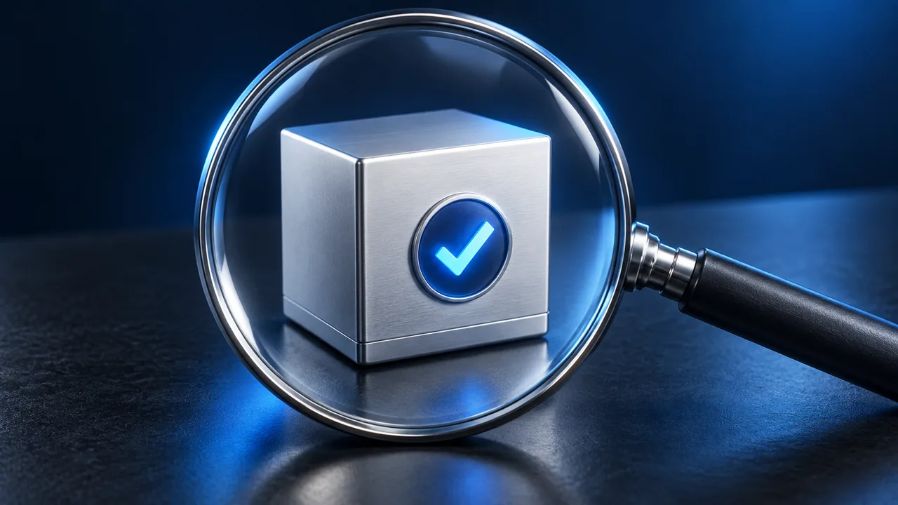 A silver app package with a blue verification seal under a magnifying lens.