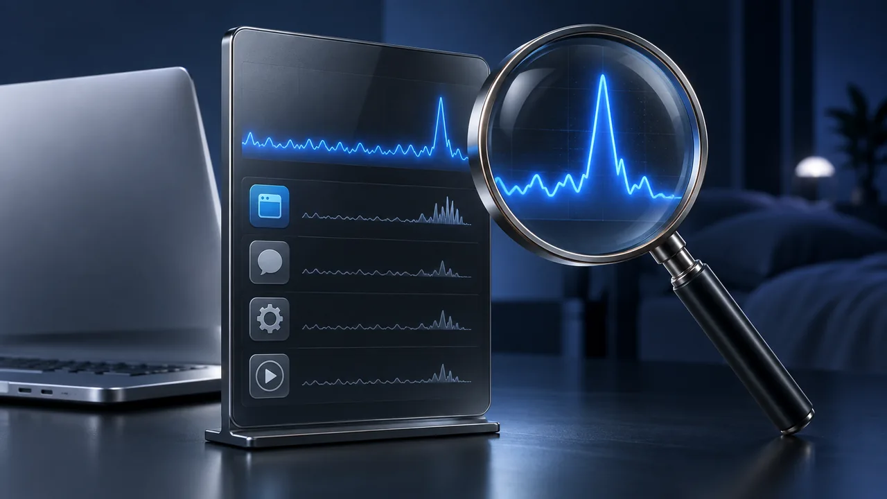 A magnifying lens highlights a blue activity waveform on a monitoring panel.
