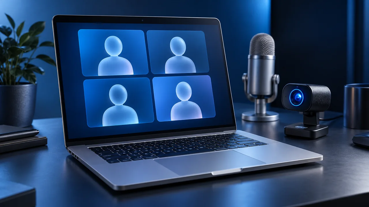A laptop with a four-person video-call illustration beside a desktop camera.