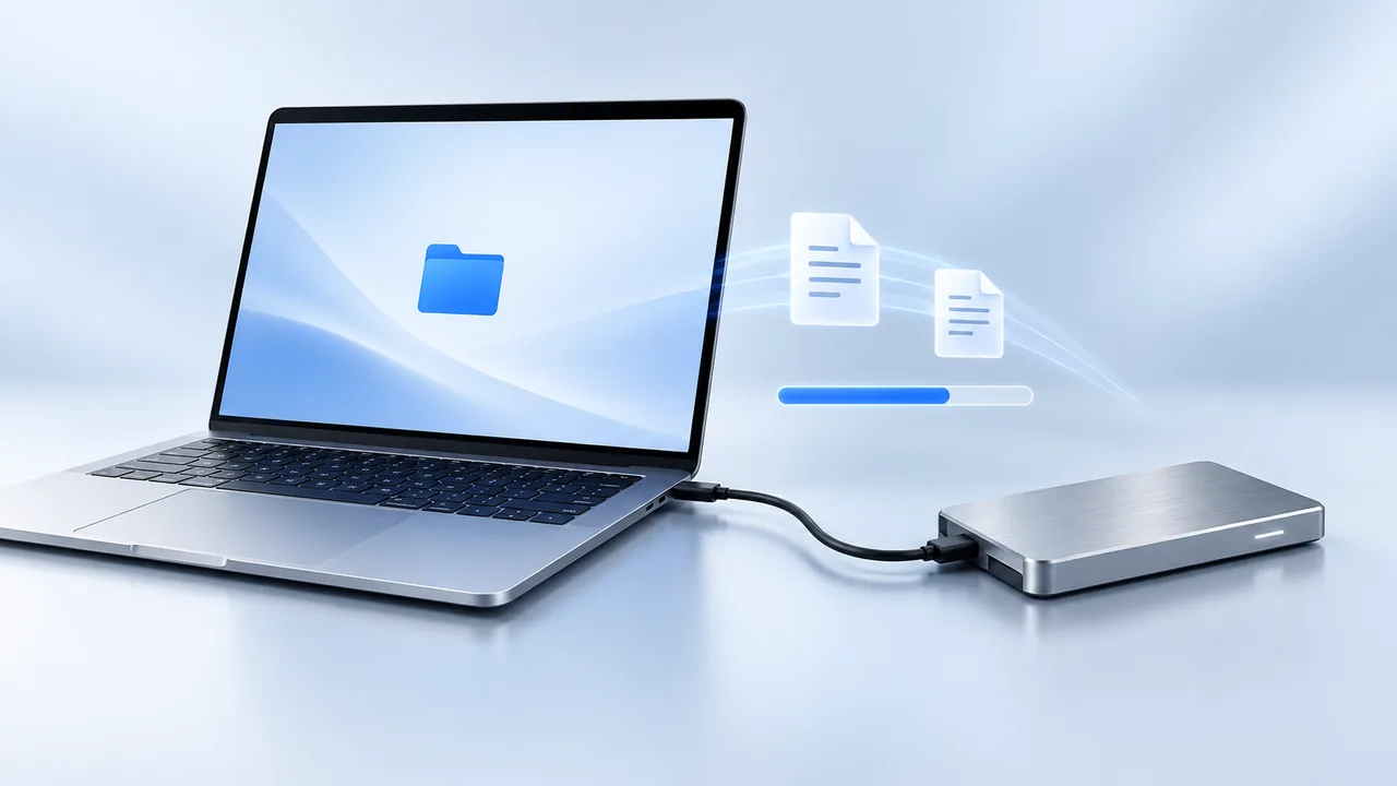 Silver laptop connected to an external SSD, with floating file sheets and a blue copy-progress bar.