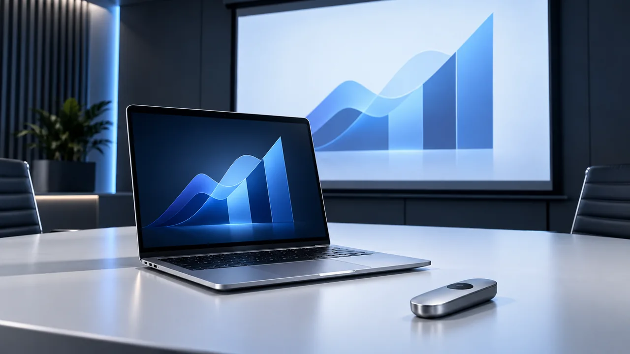 A laptop and large presentation screen show matching blue slides beside a presentation remote.