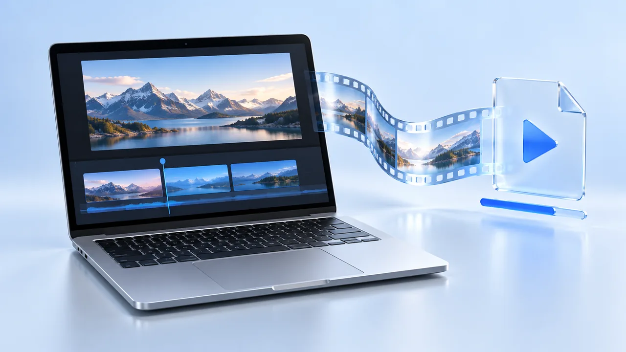An open silver laptop with a video timeline, a glass filmstrip, and a blue play-button file illustrating a video export.