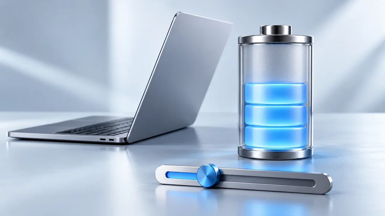 A laptop, half-filled blue battery, and slider represent a planned battery cutoff.