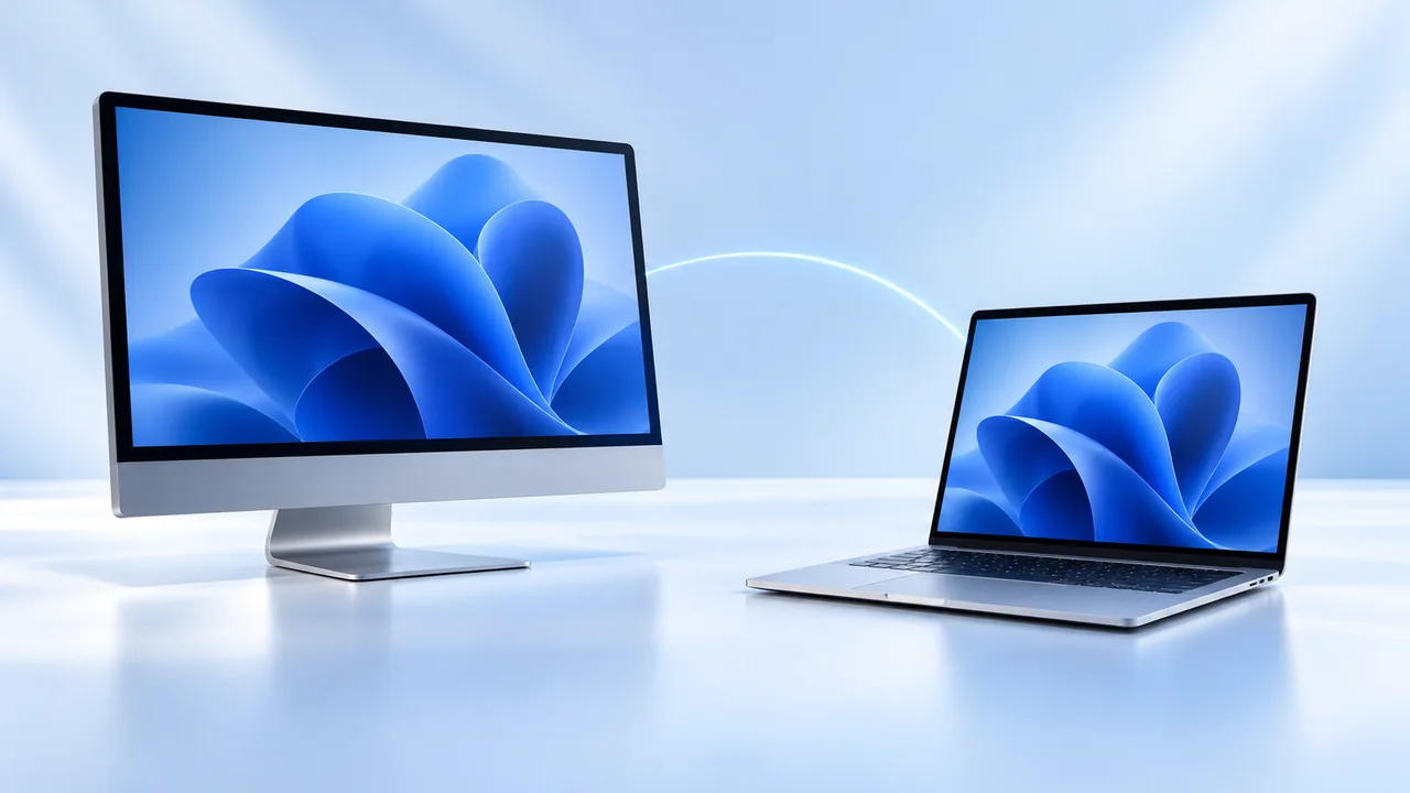 Illustration of a desktop monitor and laptop linked by a blue arc, showing matching abstract screens.