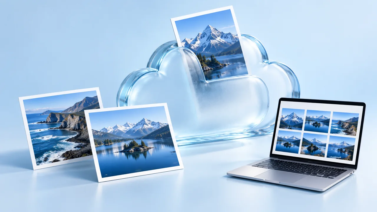 Glass cloud with landscape photo prints and an open silver laptop showing photo thumbnails