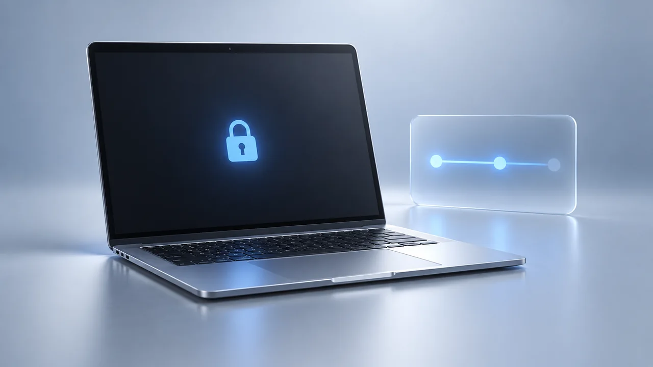 An open silver laptop with a blue lock symbol beside a translucent progress indicator, illustrating background work behind a locked screen.