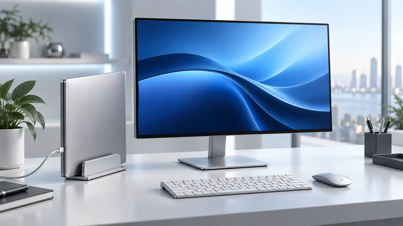 A closed laptop in a stand powers an external display beside a keyboard and mouse.