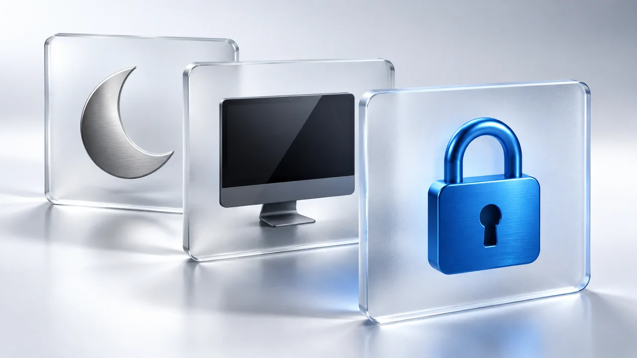 Three glass panels show a moon, a dark display, and a blue padlock for sleep and locking.