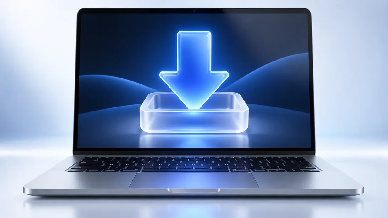 A blue download arrow entering an application tray on a silver laptop.
