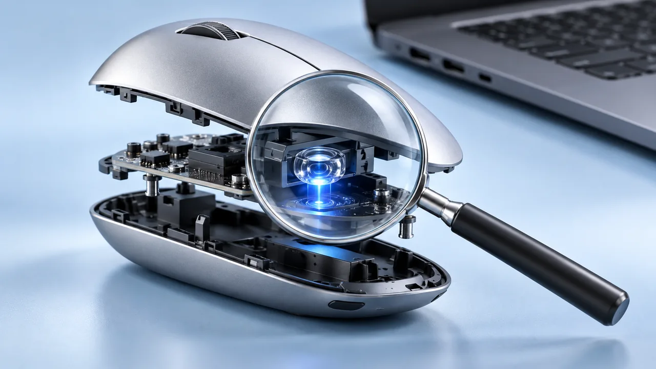 A magnifying lens examines the illuminated sensor of a silver mouse.