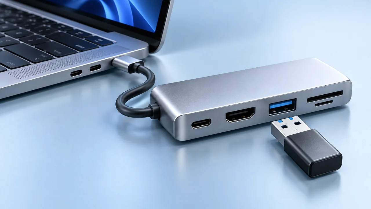 A silver USB-C hub and USB adapter arranged beside a laptop port.