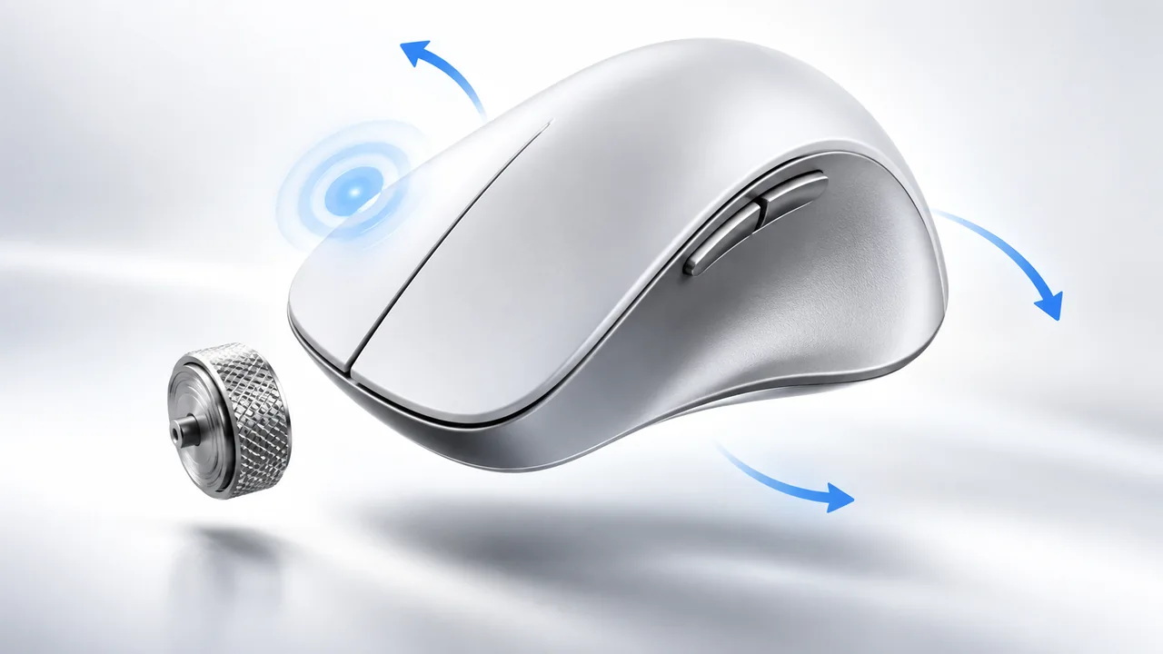 A sculptural mouse with blue movement arrows and a highlighted scroll wheel.