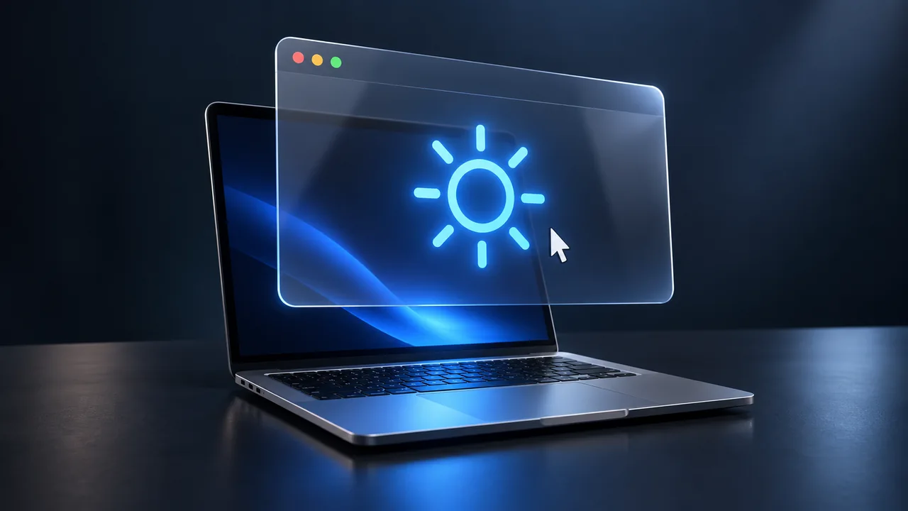 A glowing browser window with a blue screen-wake symbol above a silver laptop.