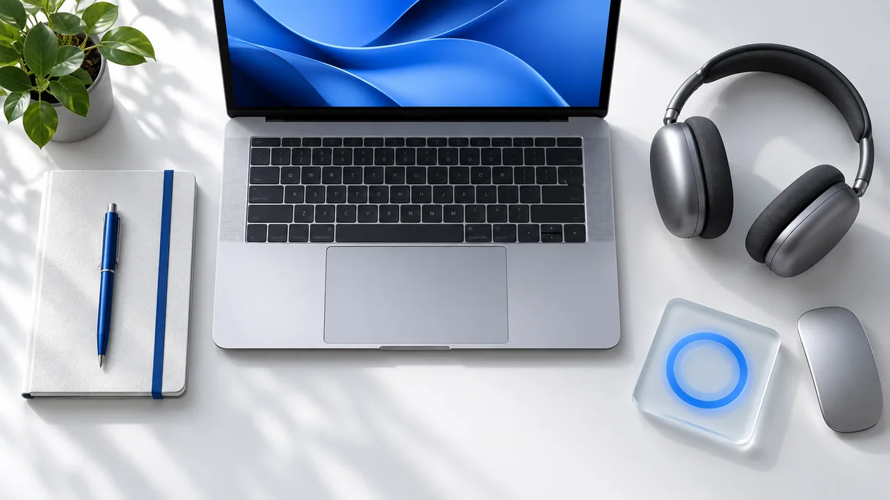 A neatly arranged laptop, notebook, headphones, mouse, and blue focus ring.