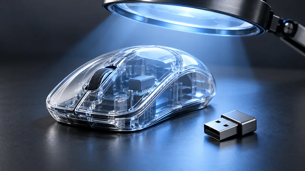 A translucent mouse and USB device revealed by a narrow beam of blue light.