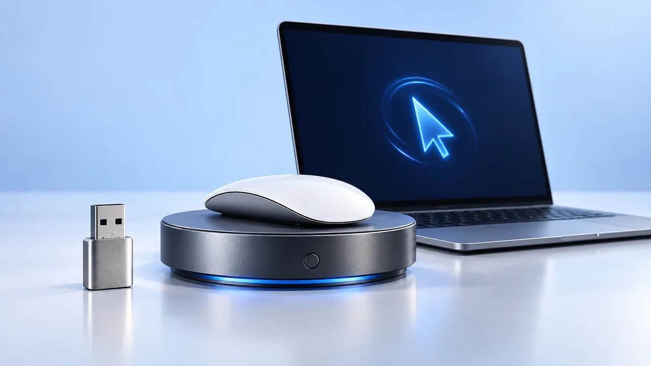 A compact USB device and a mouse on a mechanical platform beside a silver laptop.