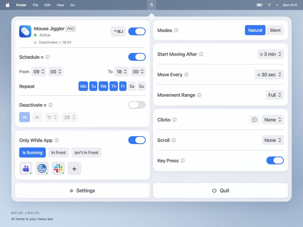 Mouse Jiggler light-mode interface recreation with its two-column layout, Movement Range, timing, schedules, and Microsoft Teams, Citrix, and Slack app conditions
