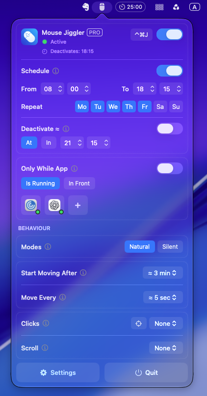 Mouse Jiggler 3.1 on macOS 27, active with a weekday schedule from 08:00 to 18:15, Natural mode, a three-minute idle delay, and a five-second movement interval.