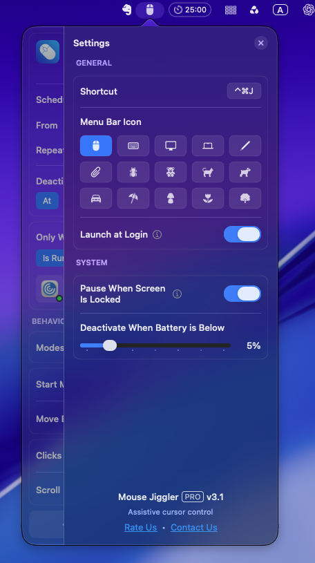 Mouse Jiggler 3.1 Settings showing menu-bar icon choices, Launch at Login and Pause When Screen Is Locked enabled, and a five-percent battery cutoff.