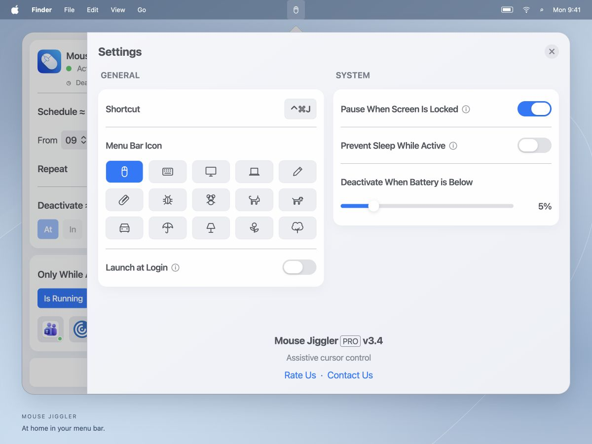 Mouse Jiggler 3.4 light-mode Settings recreation with General and System columns, including Prevent Sleep While Active